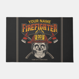 Personalized Fireman Skull Helmet Axe Firefighter  Doormat