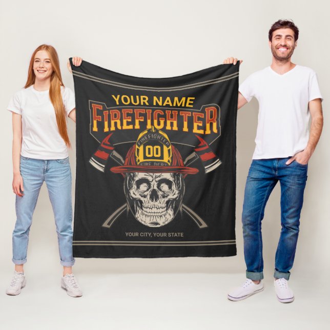 Personalized Fireman Skull Helmet Axe Firefighter  Fleece Blanket (In Situ)