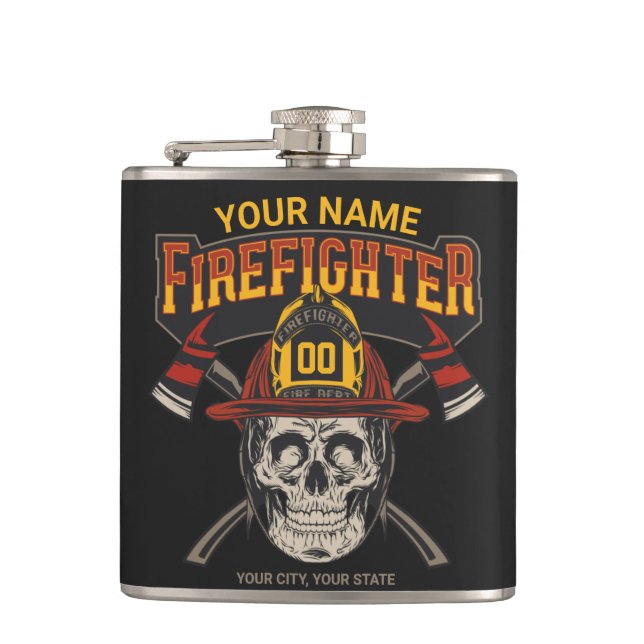 Personalized Fireman Skull Helmet Axe Firefighter  Hip Flask (Front)