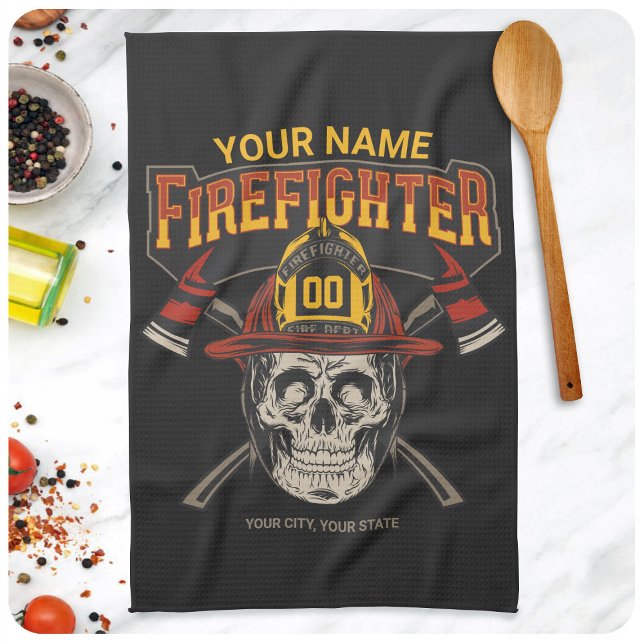 Personalized Fireman Skull Helmet Axe Firefighter  Kitchen Towel (Creator Uploaded)