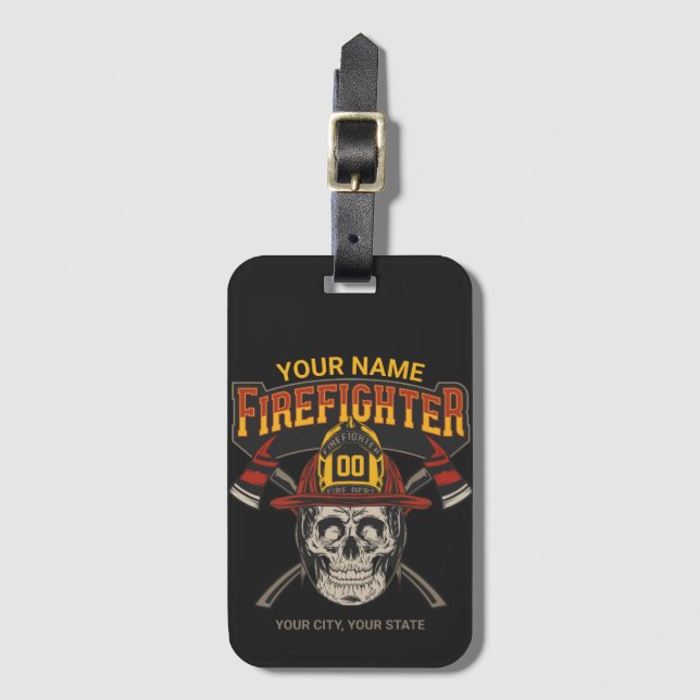 Personalized Fireman Skull Helmet Axe Firefighter  Luggage Tag (Front Vertical)