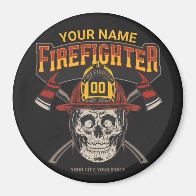 Personalized Fireman Skull Helmet Axe Firefighter Magnet (Front)
