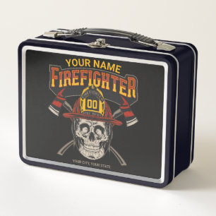 Personalized Fireman Skull Helmet Axe Firefighter Metal Lunch Box