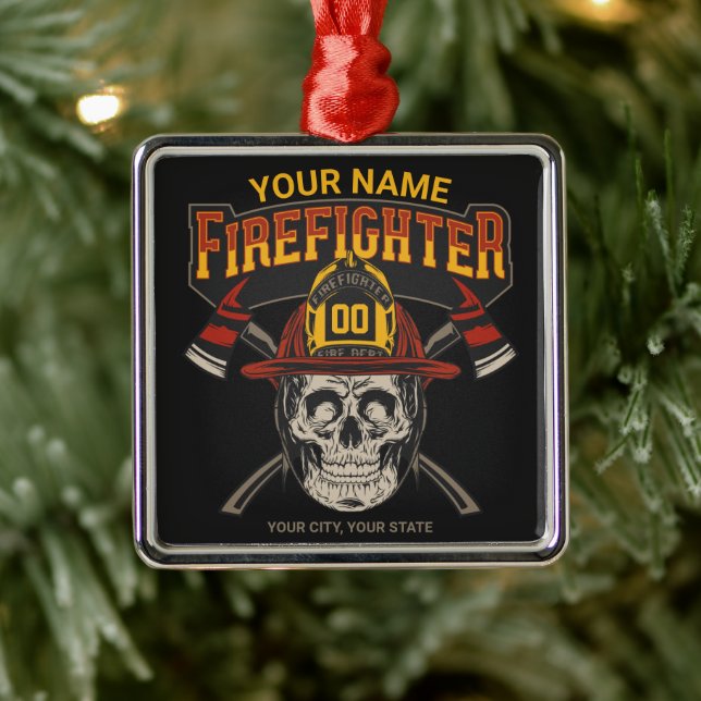 Personalized Fireman Skull Helmet Axe Firefighter  Metal Ornament (Tree)