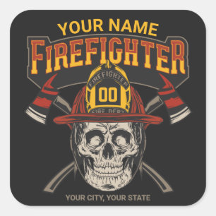 Personalized Fireman Skull Helmet Axe Firefighter  Square Sticker