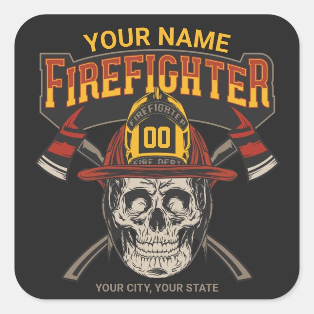 Personalized Fireman Skull Helmet Axe Firefighter  Square Sticker (Front)
