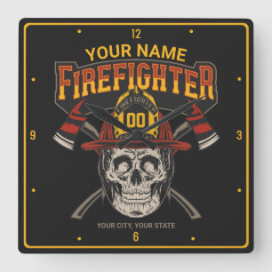 Personalized Fireman Skull Helmet Axe Firefighter  Square Wall Clock