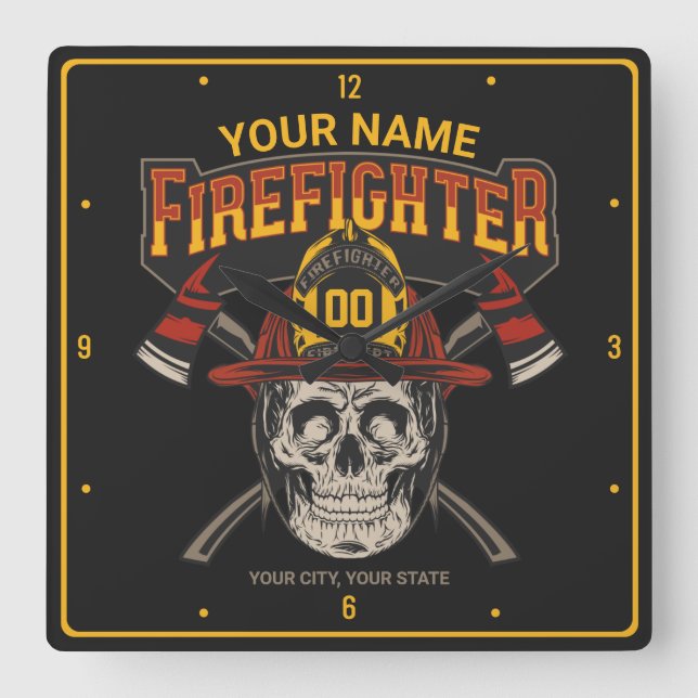 Personalized Fireman Skull Helmet Axe Firefighter  Square Wall Clock (Front)