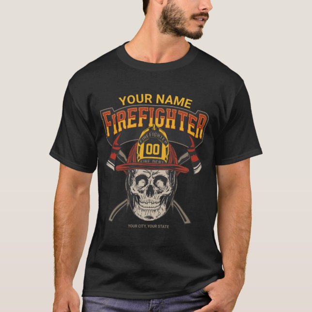 Personalized Fireman Skull Helmet Axe Firefighter  T-Shirt (Front)