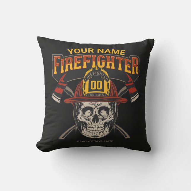 Personalized Fireman Skull Helmet Axe Firefighter  Throw Pillow (Front)