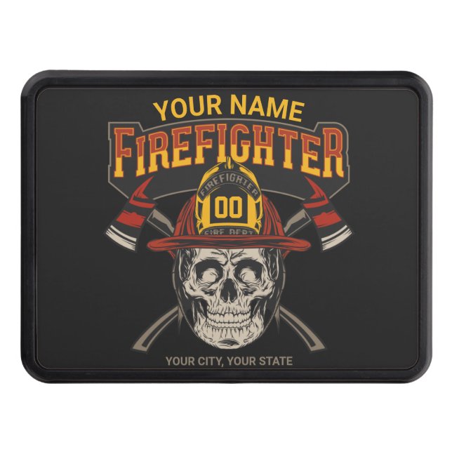 Personalized Fireman Skull Helmet Axe Firefighter  Trailer Hitch Cover (Front)