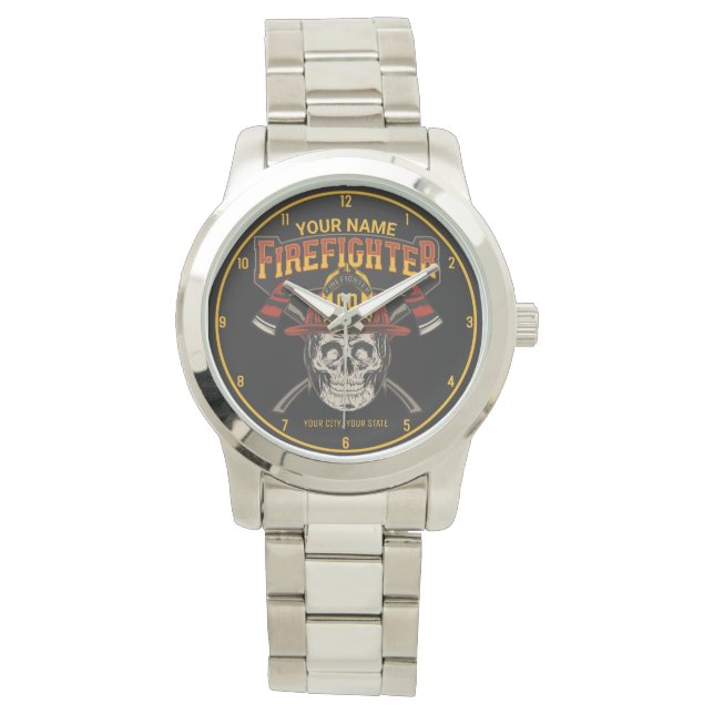 Personalized Fireman Skull Helmet Axe Firefighter  Watch (Front)