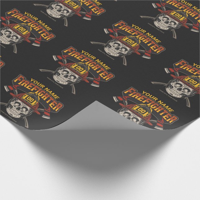 Personalized Fireman Skull Helmet Axe Firefighter  Wrapping Paper (Corner)