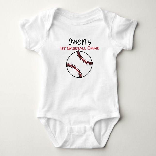 personalized first baseball game baby bodysuit (Front)