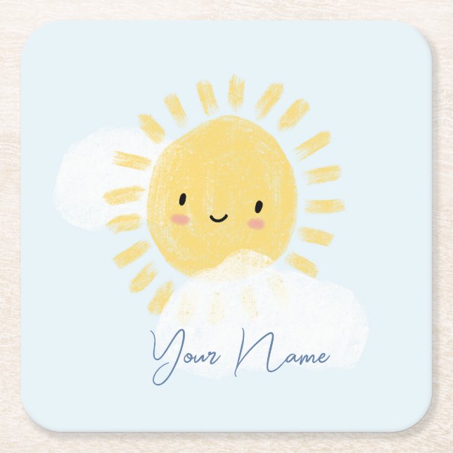 Personalized First Birthday Baby Shower Sunshine Square Paper Coaster (Front)