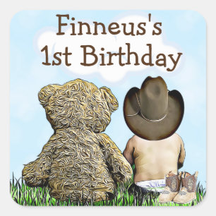 Personalized First Birthday Cowboy and Teddy Bear Square Sticker