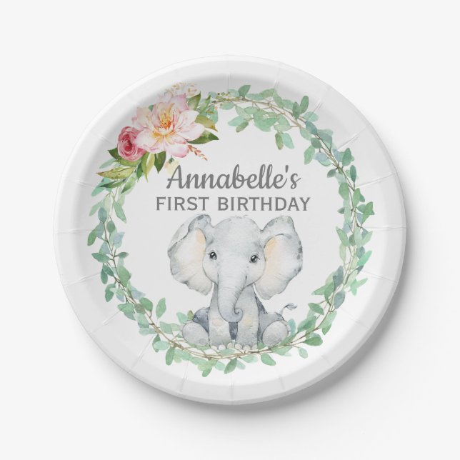 Personalized First Birthday Elephant Paper Plate (Front)