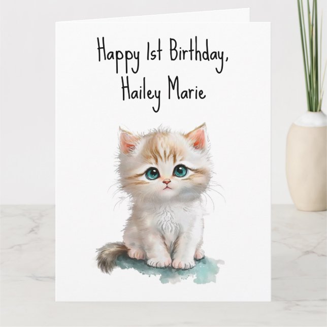 Personalized First Birthday Kitten with Blue Eyes  Card (Front)