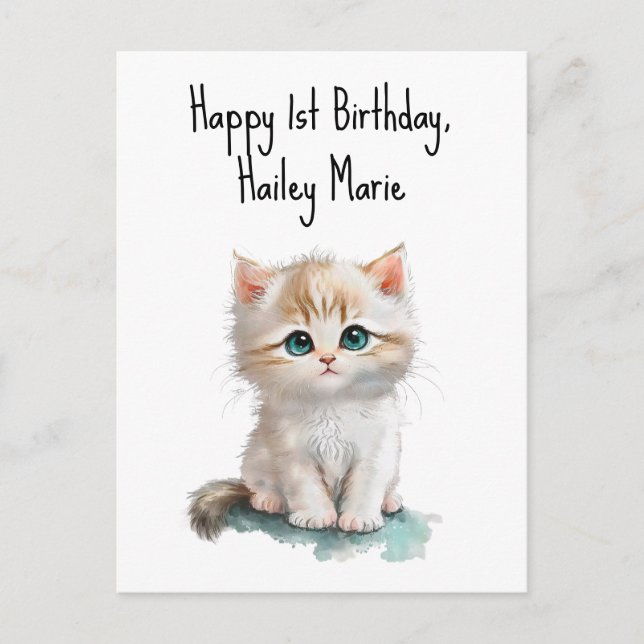 Personalized First Birthday Kitten with Blue Eyes  Postcard (Front)