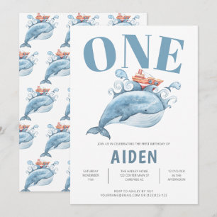 Personalized First Birthday Party Blue Whale Invitation