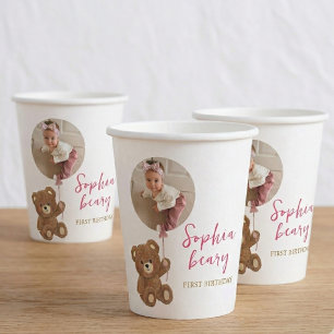 Personalized First Birthday Photo Cups Girl Teddy