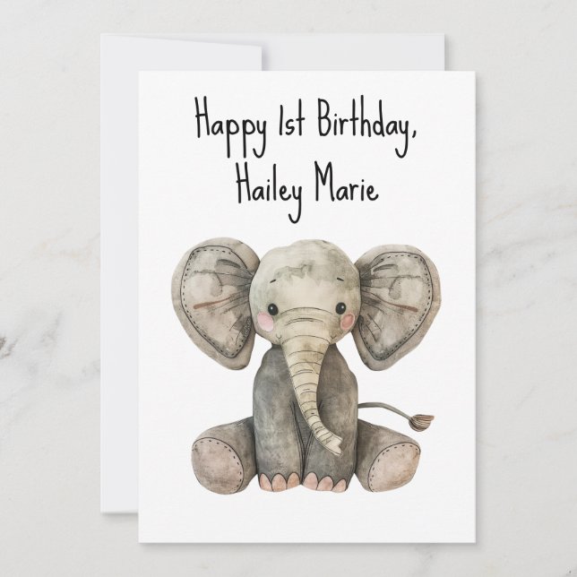 Personalized First Birthday Stuffed Elephant  Card (Front)