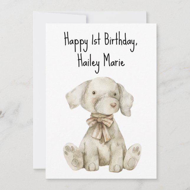 Personalized First Birthday Stuffed Toy Dog  Card (Front)