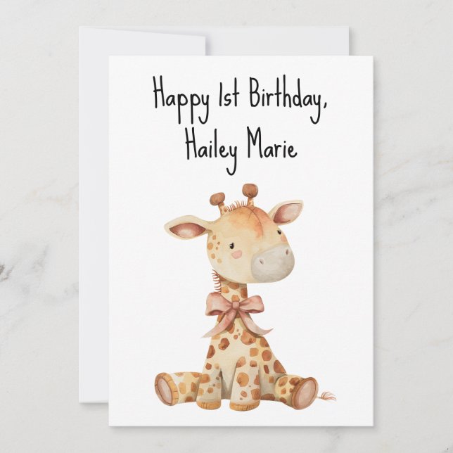 Personalized First Birthday Stuffed Toy Giraffe  Card (Front)