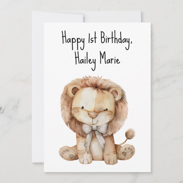 Personalized First Birthday Stuffed Toy Lion  Card (Front)
