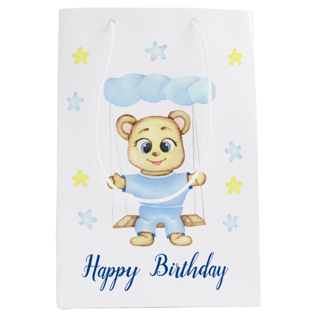 Personalized First Birthday Teddy Bear Boy  Medium Gift Bag (Front)