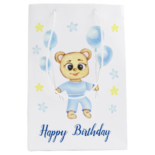 Personalized First Birthday Teddy Bear Boy  Medium Gift Bag