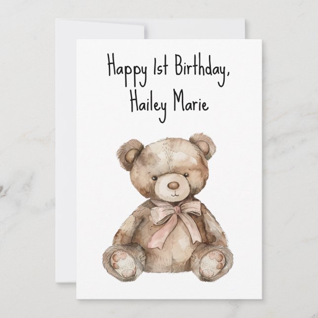 Personalized First Birthday Teddy Bear  Card (Front)