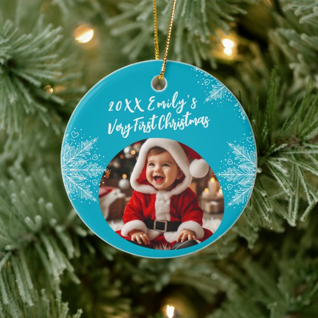 Personalized First Christmas Add Photo Snowflakes Ceramic Ornament (Tree)