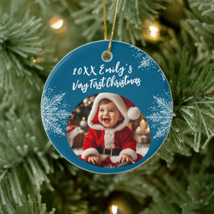 Personalized First Christmas Add Photo Snowflakes Ceramic Ornament
