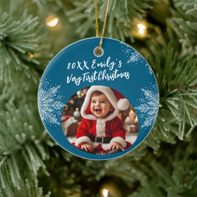 Personalized First Christmas Add Photo Snowflakes  Ceramic Ornament (Tree)
