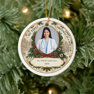 Personalized First Christmas as a Doctor Photo Ceramic Ornament