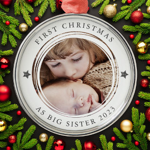 Personalized First Christmas as Big Sister Photo Metal Ornament