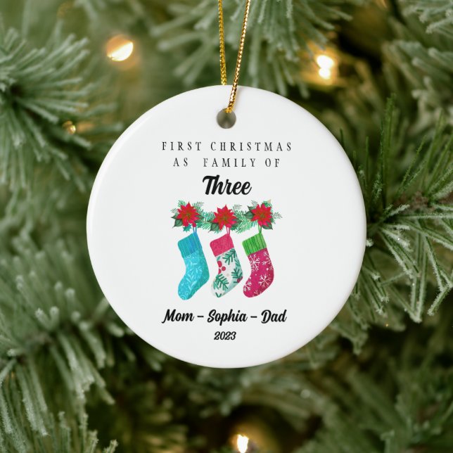 Personalized First Christmas As Family of Three Ceramic Ornament (Tree)