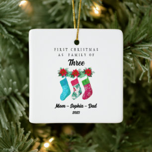 Personalized First Christmas As Family of Three Ceramic Ornament