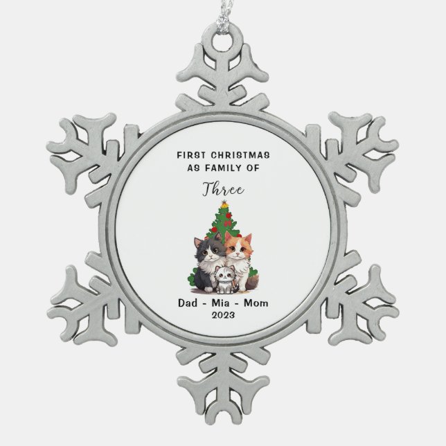 Personalized First Christmas As Family Of Three Snowflake Pewter Christmas Ornament (Front)