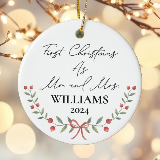 Personalized First Christmas As Mr & Mrs Festive Ceramic Ornament (Creator Uploaded)
