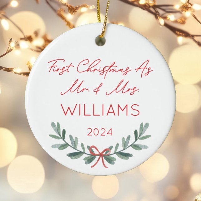Personalized First Christmas As Mr & Mrs Festive Ceramic Ornament (Creator Uploaded)