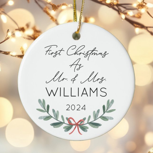 Personalized First Christmas As Mr & Mrs Festive Ceramic Ornament (Creator Uploaded)