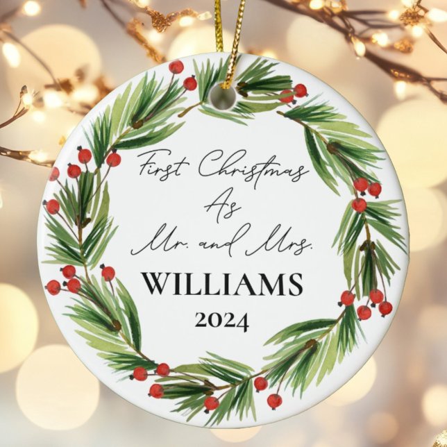 Personalized First Christmas As Mr & Mrs Festive Ceramic Ornament (Creator Uploaded)