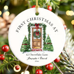 Personalized First Christmas At Our New Home Ceramic Ornament<br><div class="desc">The Personalized First Christmas At Our New Home Ceramic Ornament is a beautiful keepsake to celebrate a milestone holiday season! Crafted from high-quality ceramic, this ornament features a charming design with festive elements and space to personalize with names, the year, or a heartfelt message. Perfect for commemorating your first Christmas...</div>