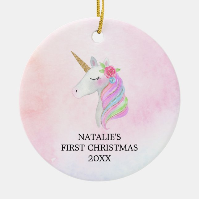 Personalized First Christmas Baby Girl Unicorn Ceramic Ornament (Front)