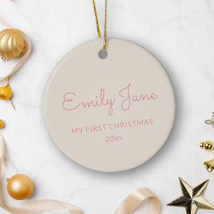 Personalized First Christmas Baby Photo Name Pink Ceramic Ornament
