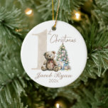 Personalized First Christmas bear for baby Ceramic Ornament<br><div class="desc">Personalized First Christmas bear for baby Ceramic Ornament. Artwork is beautifully done in watercolor elements of pastel neutrals</div>