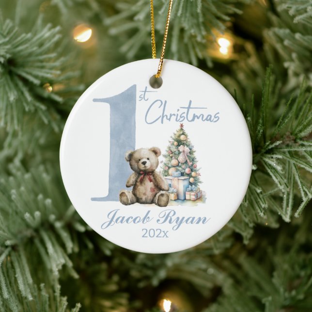 Personalized First Christmas bear for boy Ceramic Ornament (Tree)