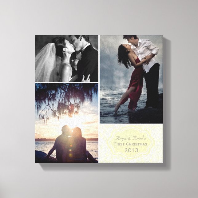 Personalized First Christmas Damask Photo Collage Canvas Print (Front)